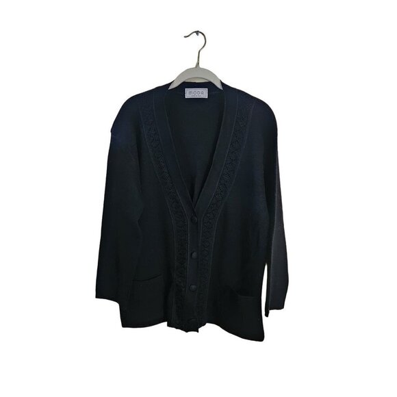 Moda Made In Italy Black Wool Blend Long Line V Neck Cardigan Sweater Size XL - Picture 1 of 7